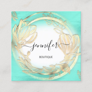 Mint Blue White Gold Floral QRCode Logo Square Business Card