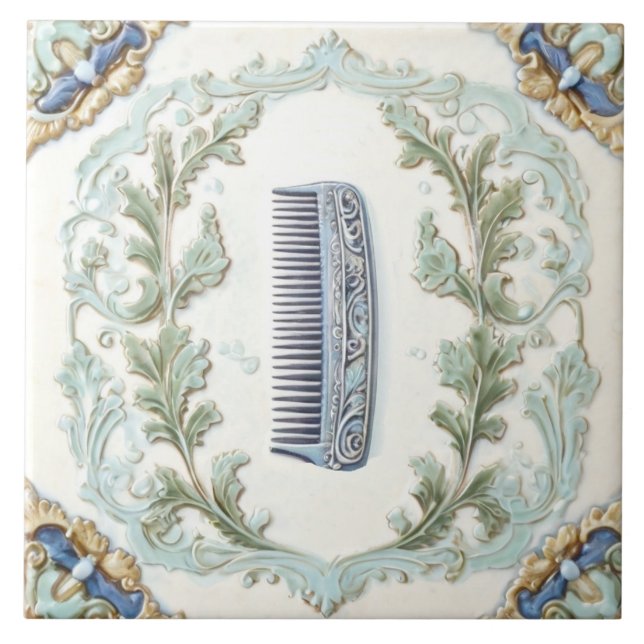 Mint Blue & White Hair Comb Funny Salon Bathroom Tile (Front)