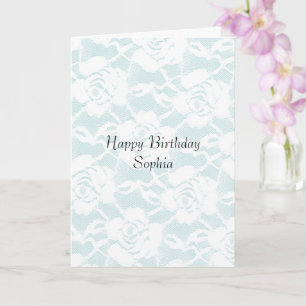 Mint Blue White Lace Roses Floral Birthday Card
