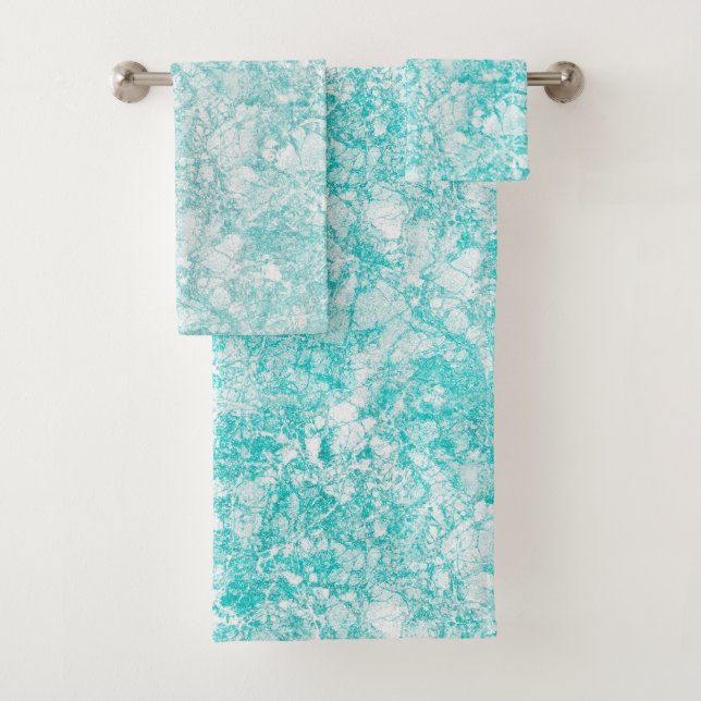 Mint Blue & White Marble Texture Bath Towel Set (Insitu)