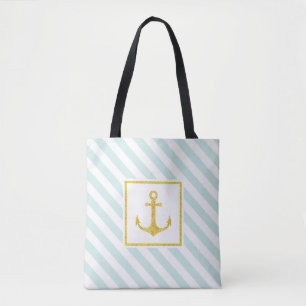 Mint Blue White Stripes Golden Anchor Tote Bag