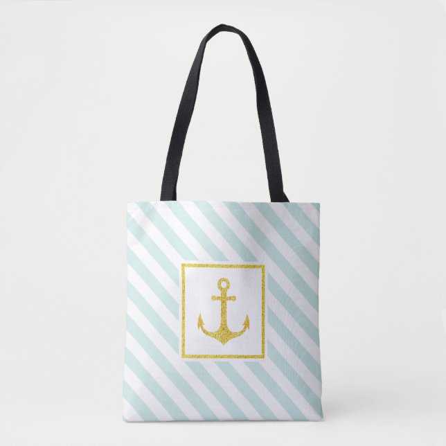 Mint Blue White Stripes Golden Anchor Tote Bag (Front)