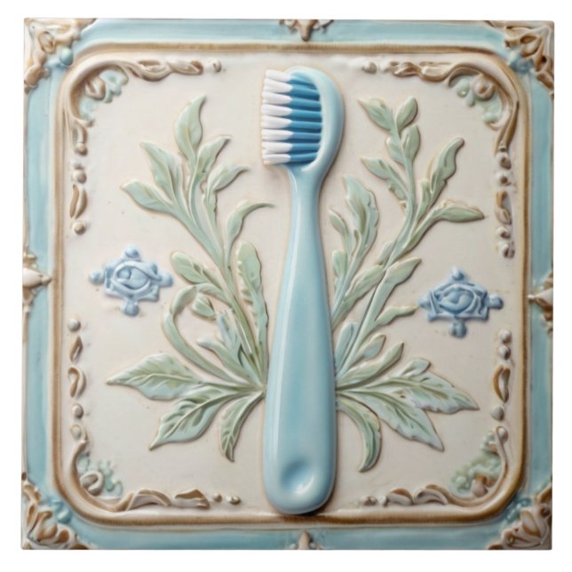 Mint Blue & White Toothbrush Funny Bathroom Tile (Front)