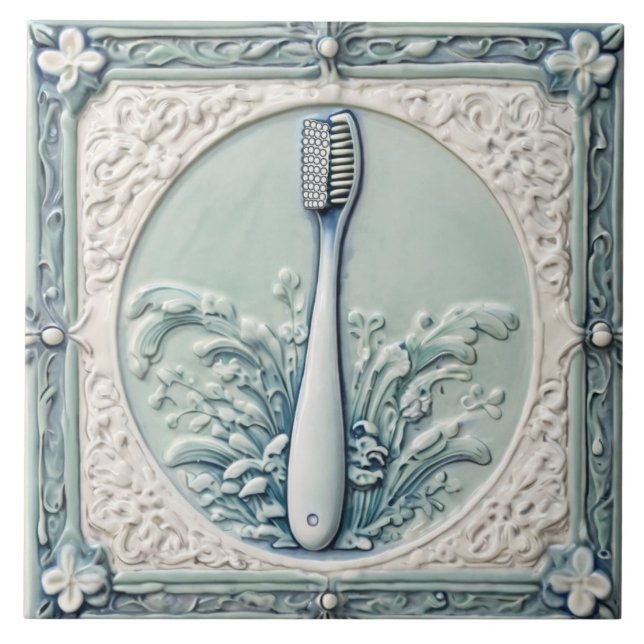 Mint Blue White Toothbrush Funny Dentist Bathroom Tile (Front)