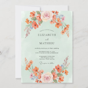 Mint Blush Coral Wildflower Wedding Invitation
