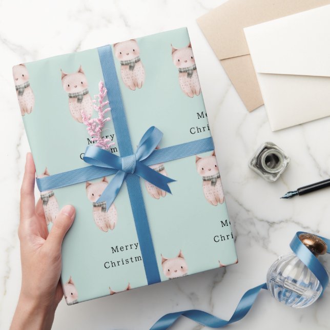 Mint Blush Pink Cat Christmas Wrapping Paper (Gifting)