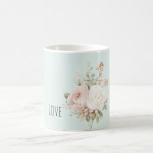 Mint Blush Pink White Roses Floral Coffee Mug