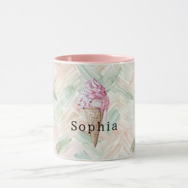 Mint Blush Stripes Strawberry Pink Ice Cream Cone Mug (Center)
