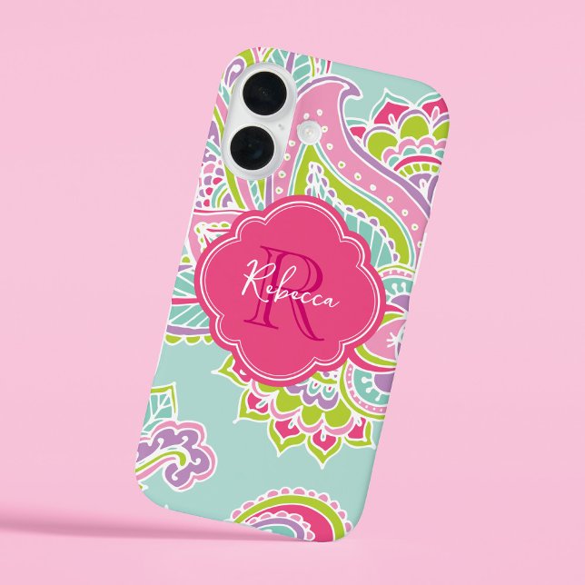 Mint Bohemian Paisley Custom Monogram Case-Mate iPhone Case (Creator Uploaded)