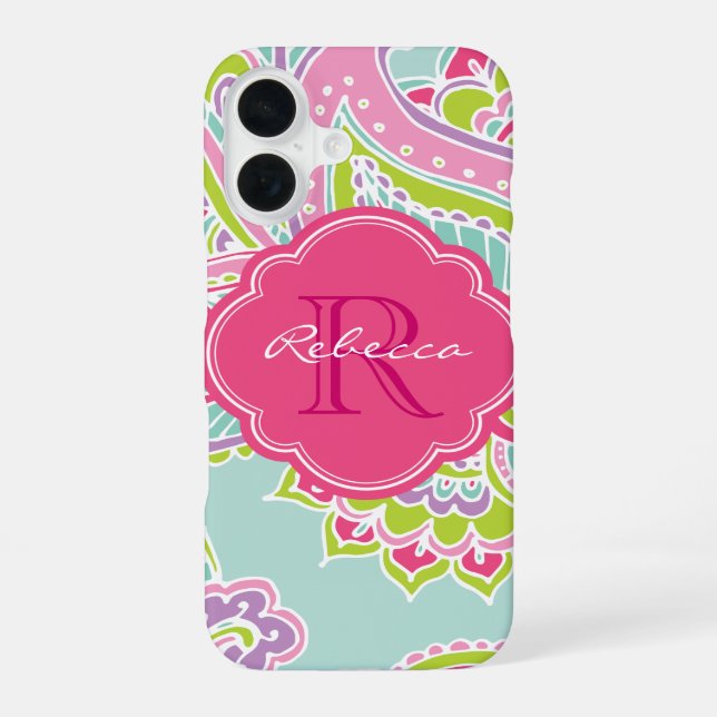 Mint Bohemian Paisley Custom Monogram iPhone 16 Case (Back)