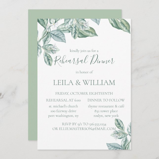 Mint Botanical Elegant Rehearsal Dinner Invitation (Front/Back)