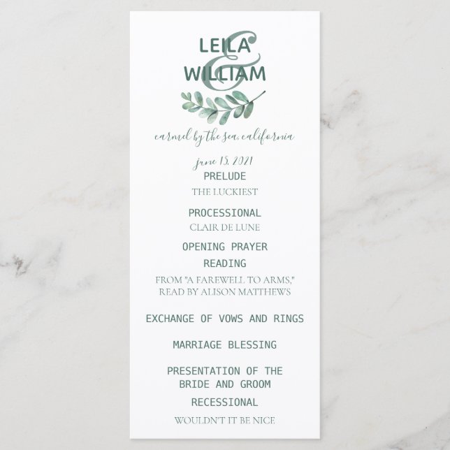 Mint Botanical Elegant Wedding Program Programme (Front)