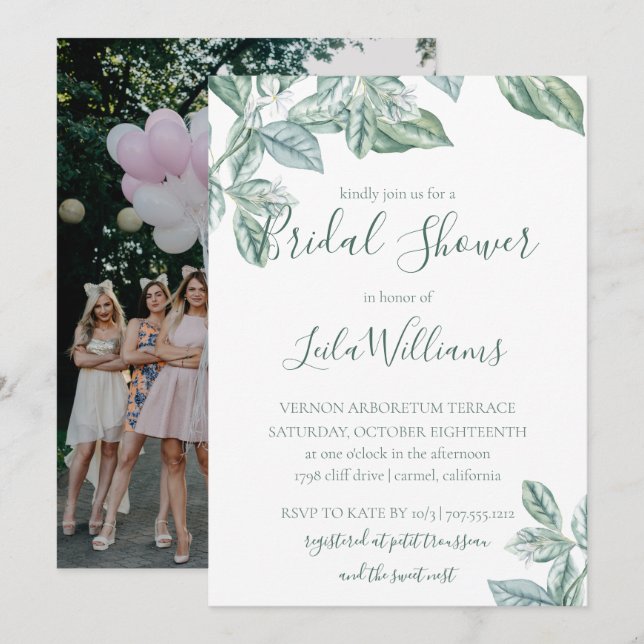Mint Botanical Photo Wedding Bridal Shower Invitation (Front/Back)