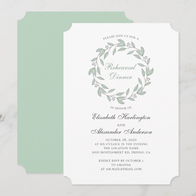 Mint botanical rehearsal dinner. Summer wedding Invitation (Front/Back)