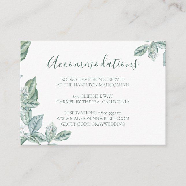 Mint Botanical Wedding Hotel Accommodation Cards (Front)