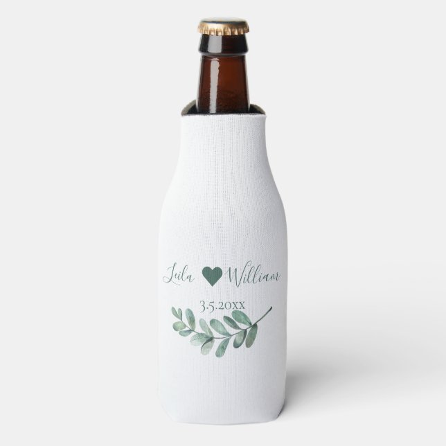 Mint Botanical Wedding Minimalist Bottle Cooler (Bottle Front)
