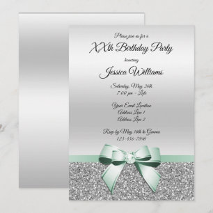 Mint Bow & Silver Glitters Birthday Invitation
