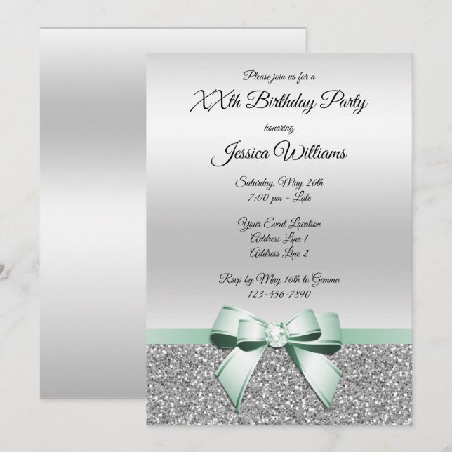 Mint Bow & Silver Glitters Birthday Invitation (Front/Back)