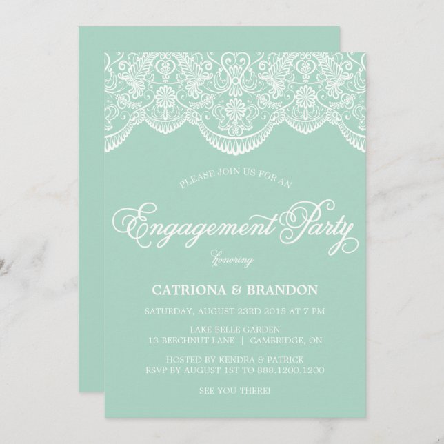 Mint Brocade Lace Engagement Party Invitation (Front/Back)