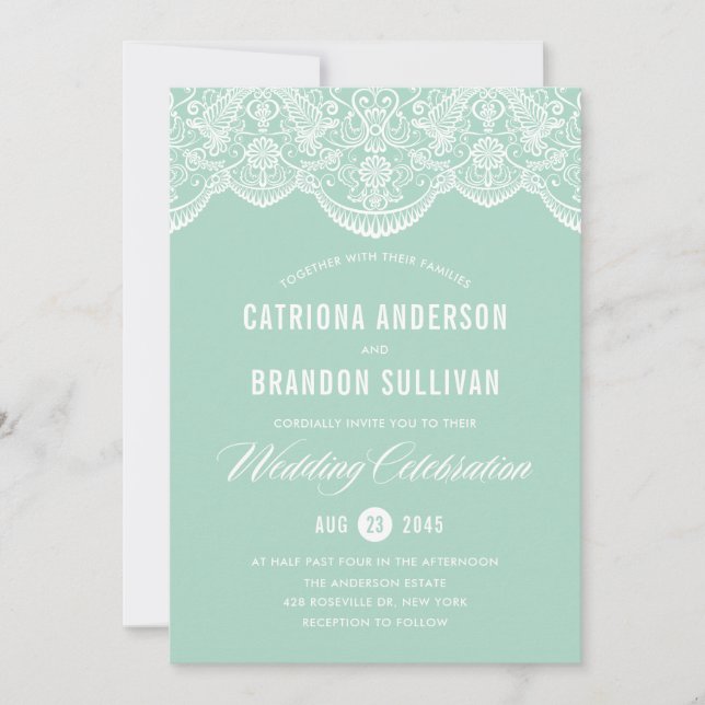 Mint Brocade Lace Wedding Invitation (Front)