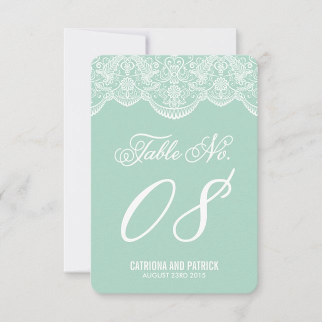 Mint Brocade Lace Wedding Table Number Cards (Front)