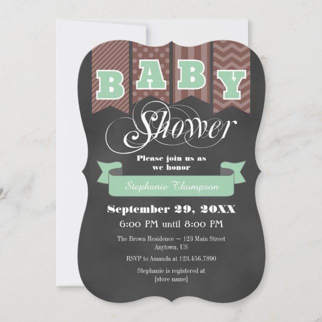Mint Brown Chalkboard Flag Baby Shower Invite (Front)