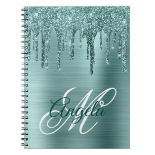 Mint Brushed Foil Glitter Drip Fancy Monogram Notebook