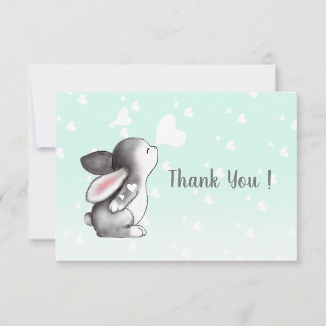 Mint bunny heart confetti flat thank you card (Front)