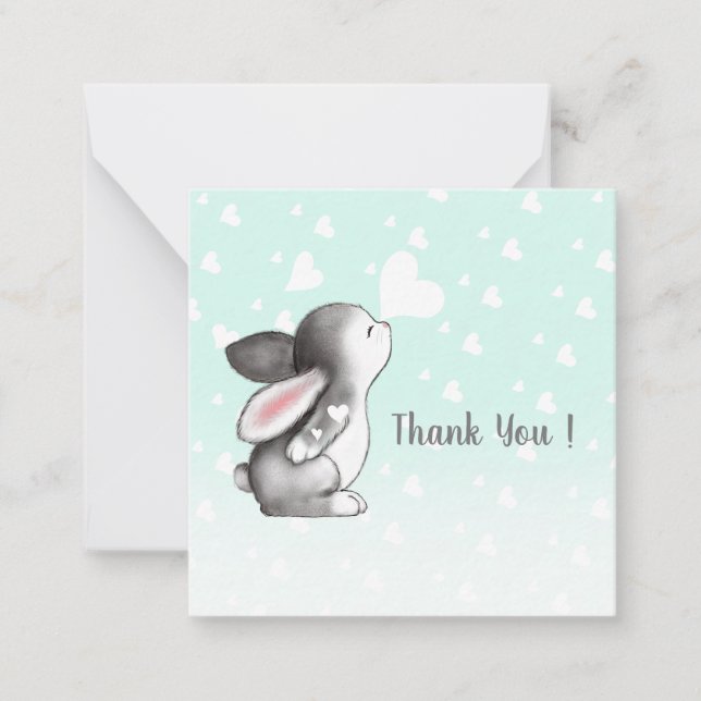 Mint bunny heart confetti thank you note cards (Front)