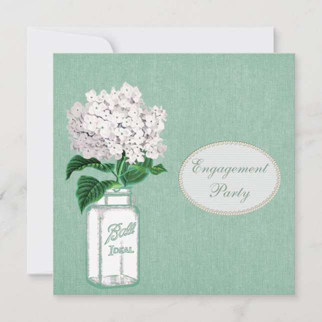 Mint Burlap, Mason Jar & Hydrangea Engagement Invitation (Front)