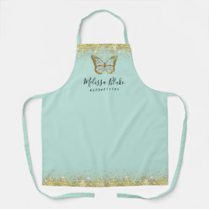 mint butterfly on faux gold sparkle   apron