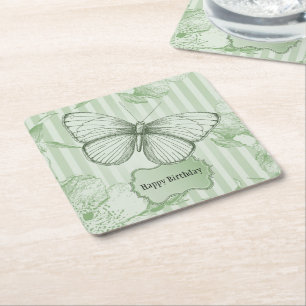 Mint Butterfly Sweet Sixteen Square Paper Coaster