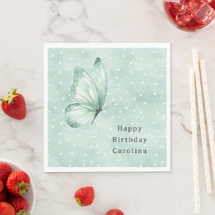 Mint Butterfly White Dots Birthday Napkin