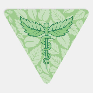 Mint Caduceus with Leaves Background Triangle Sticker