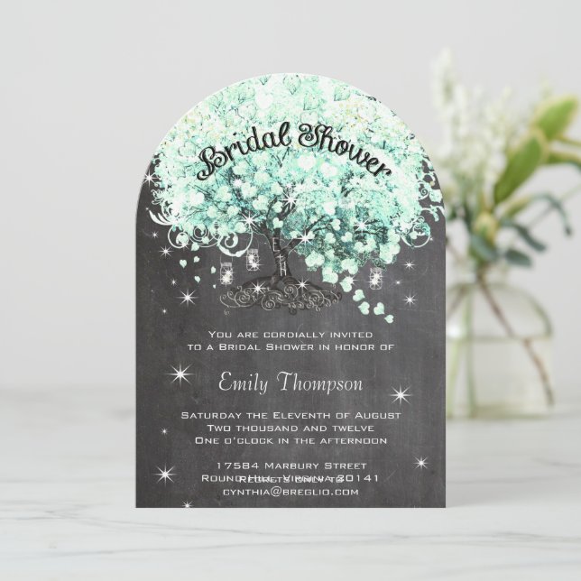 Mint Chalkboard Heart Leaf Tree Bridal Shower Invitation (Standing Front)