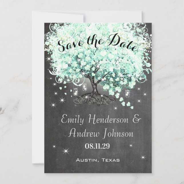 Mint Chalkboard Heart Leaf Tree Save the Date Invitation (Front)