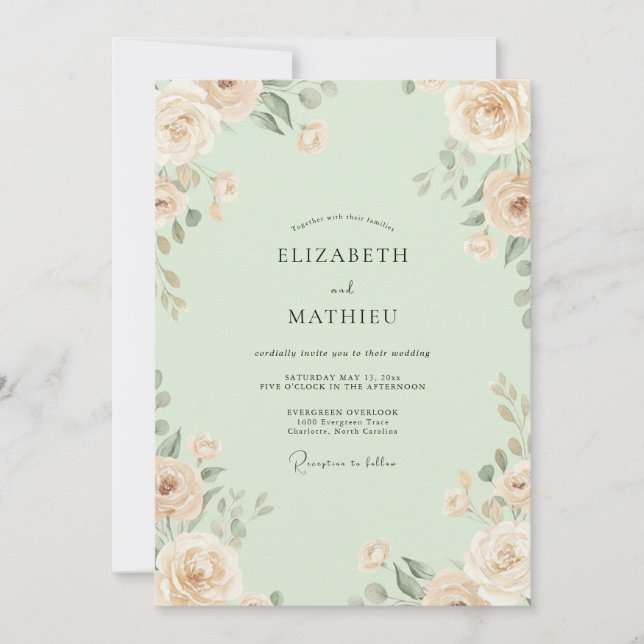 Mint Champagne Blossom Wedding Invitation (Front)