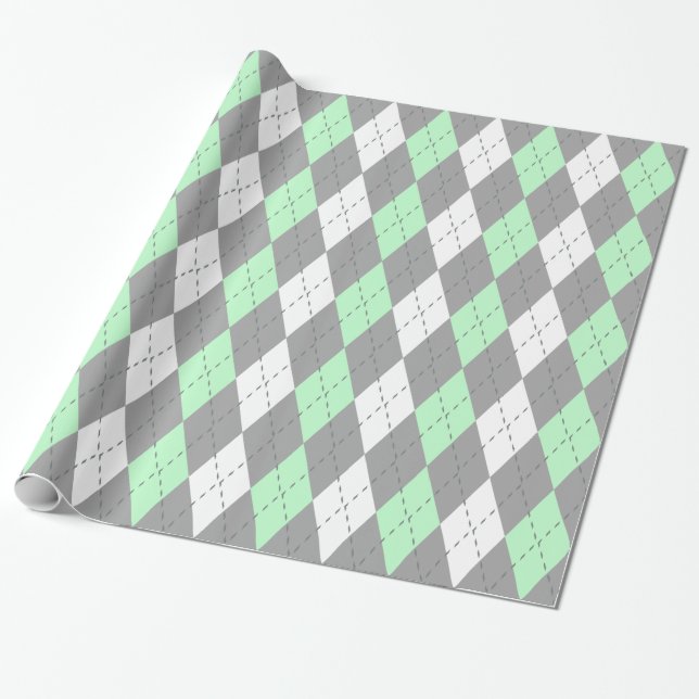 Mint Charcoal Dk Grey Wht XL Argyle Wrapping Paper (Unrolled)