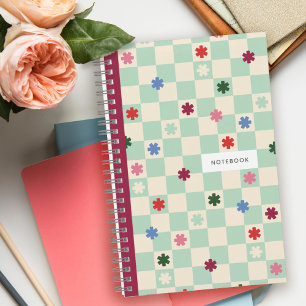 Mint Checkerboard Pattern Stars Flowers Notebook