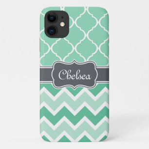 Mint Chevron and Lattice Pattern Grey Name iPhone 11 Case