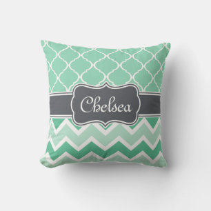 Mint Chevron and Lattice Pattern Grey Name Cushion