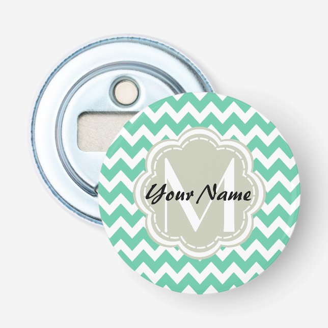 Mint Chevron Custom Monogram, Personalised Name Bottle Opener (Front)