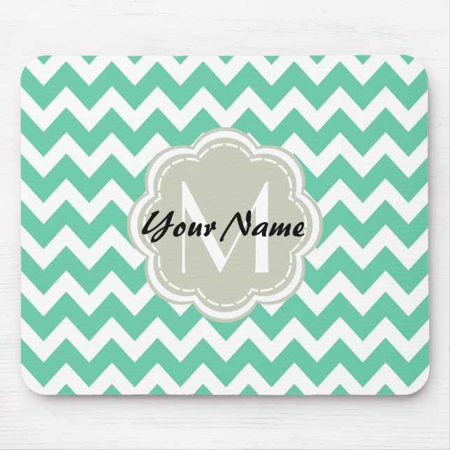 Mint Chevron Custom Monogram, Personalised Name Mouse Mat (Front)