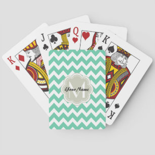 Mint Chevron Custom Monogram, Personalised Name Playing Cards