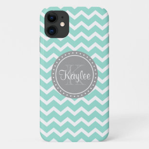 Mint Chevron Grey Monogram iPhone 11 Case