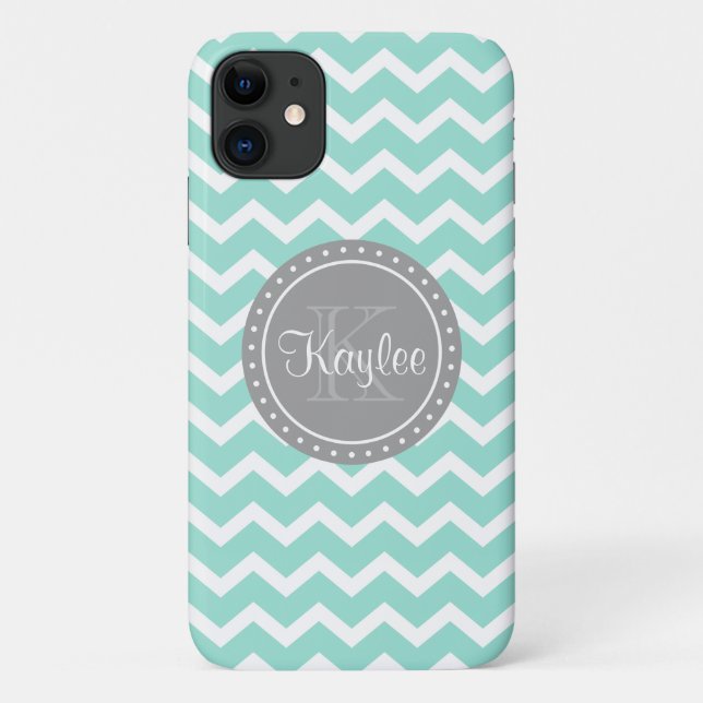 Mint Chevron Grey Monogram Case-Mate iPhone Case (Back)