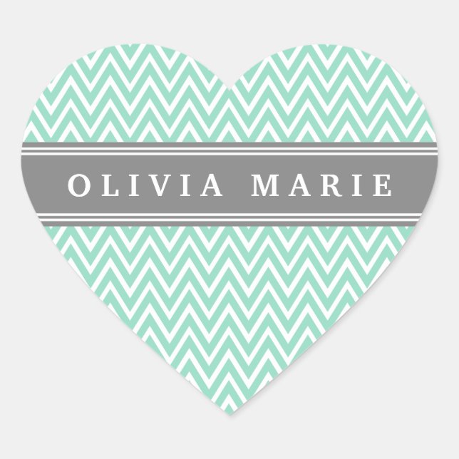Mint Chevron Grey Name Template Heart Sticker (Front)