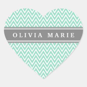 Mint Chevron Grey Name Template Heart Sticker