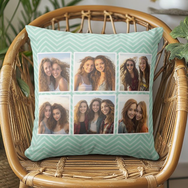 Mint Chevron Pattern with Trendy 6 Photo Collage Cushion (Custom Photo Pillow - Add Your Own Pics!)