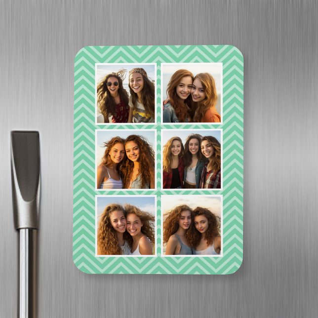 Mint Chevron Pattern with Trendy 6 Photo Collage Magnet (Personalized fridge magnet with photos and text)